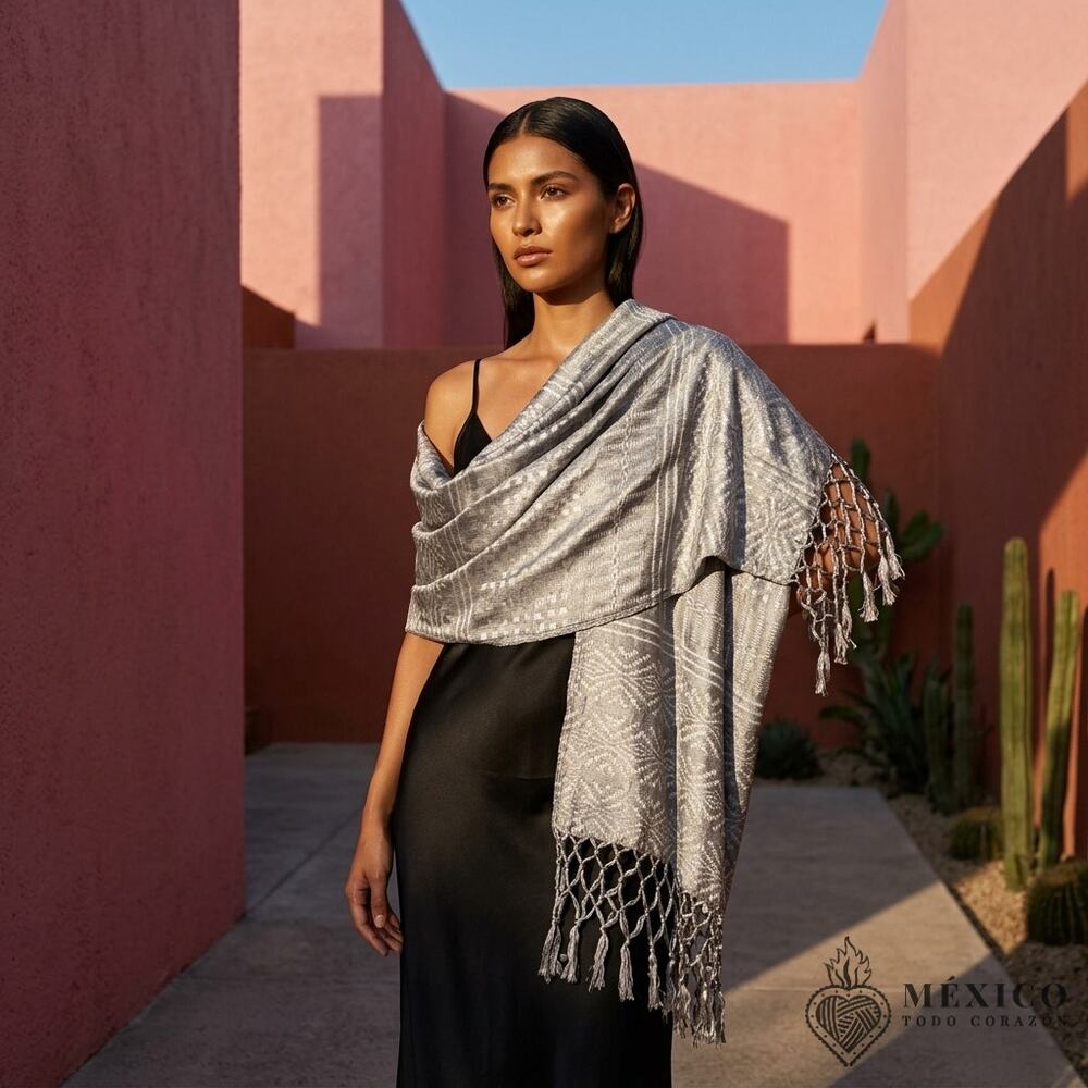 Mexican hand woven Rebozo Grey and silver desings stunning Chiapas unique
